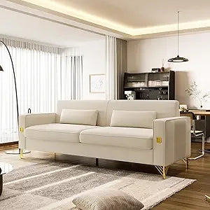 85" Velvet Mid-Century Sofa Couch 3-Seater w/ Gold Legs & Pillows Modern Style