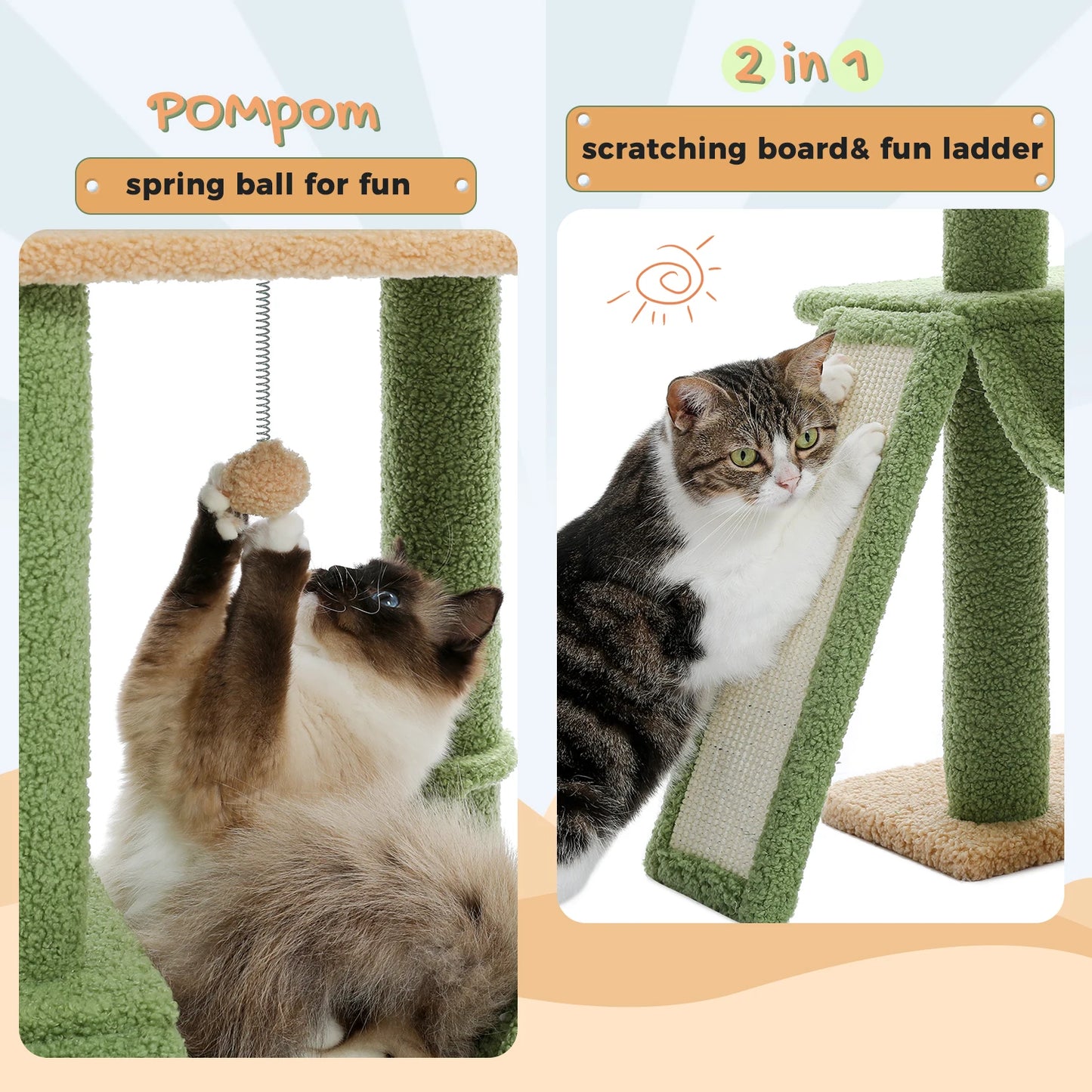 Cactus Cat Tree Floor to Ceiling Cat Tower 7 Tiers with Hammocks and Scratching Posts