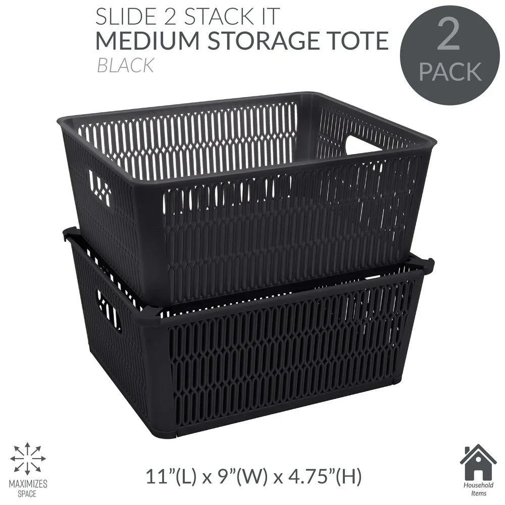 Stackable Plastic Storage Tote Baskets 2 Pack Organizing Bins