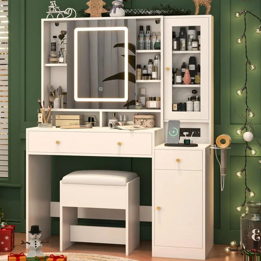 Makeup Mirror Desk with Charging Station and Storage for Girls Women