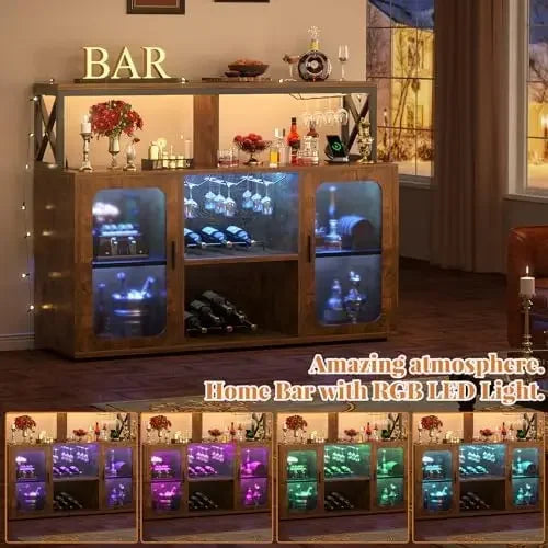 Ljustra Bar Cabinet with Power Outlets LED Lights Wine Storage Rustic Brown