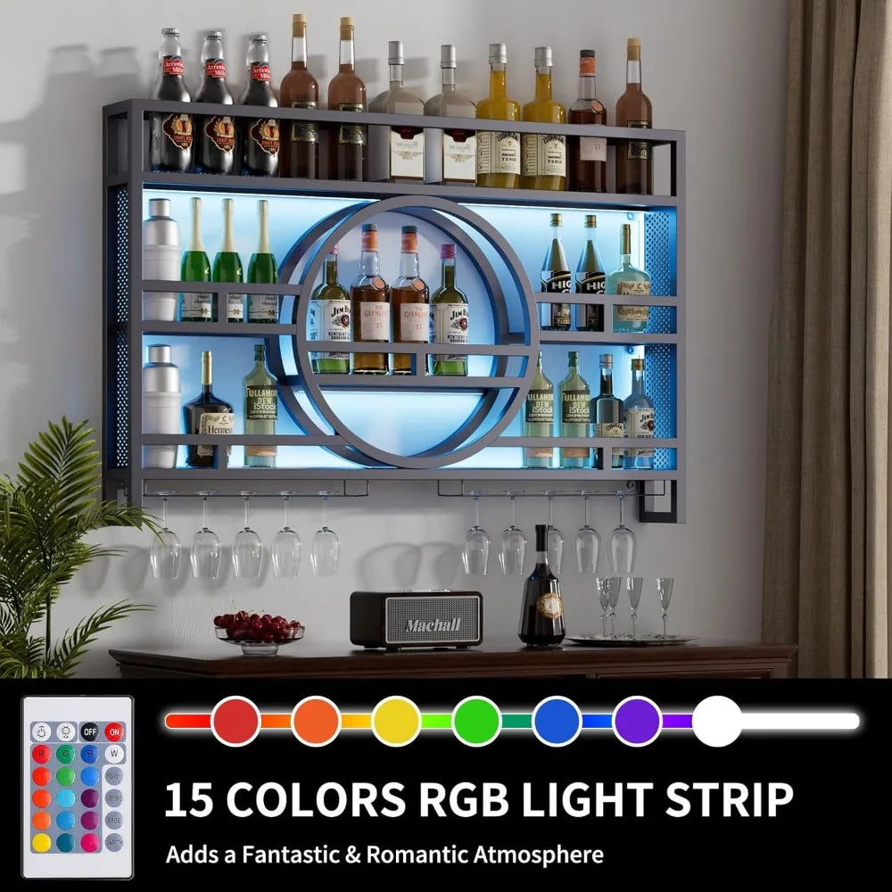 3-Tier Wall Mounted Wine Rack with LED Floating Bar Shelves
