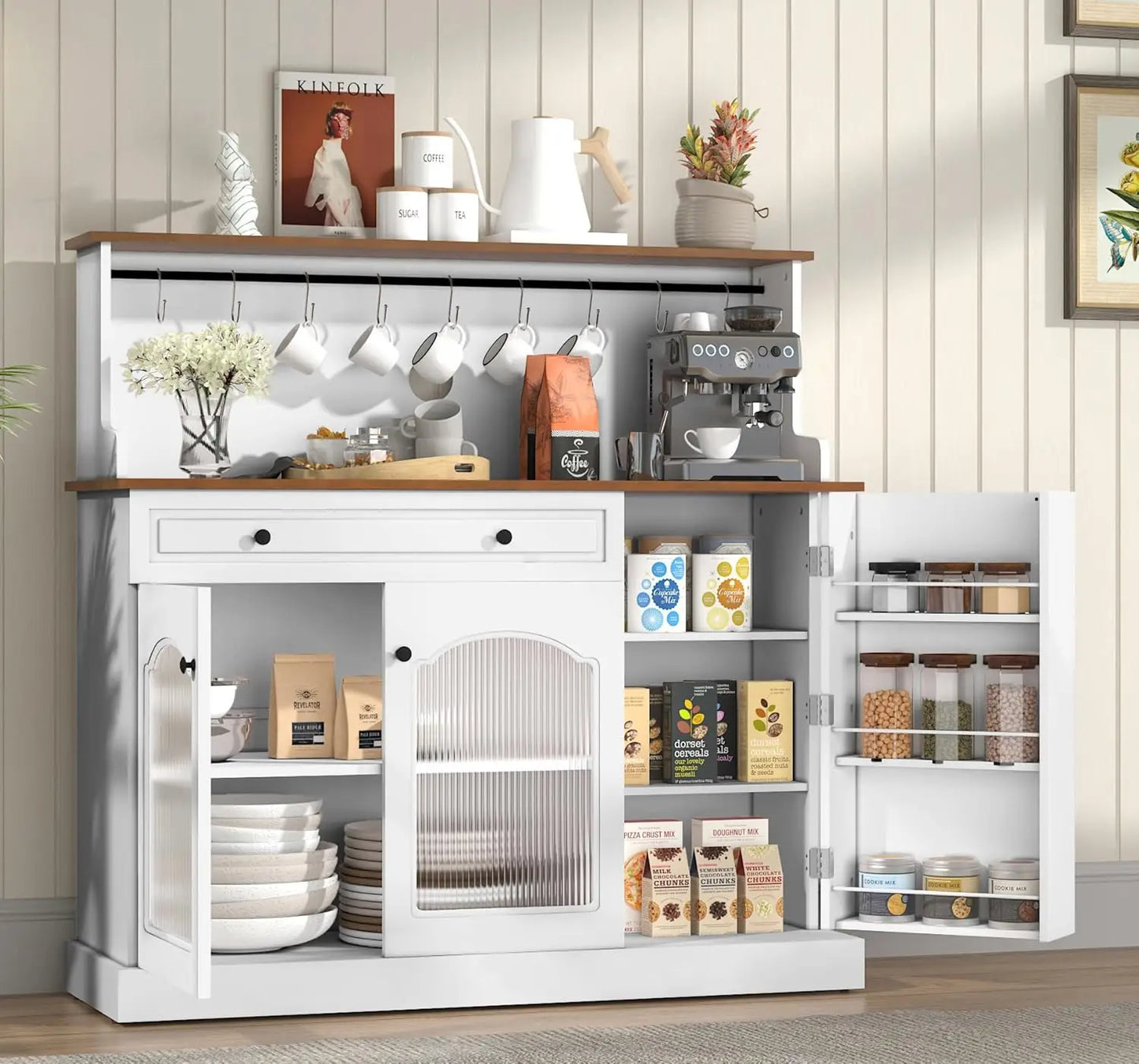 48 Inch Kitchen Pantry Wood Coffee Bar Cabinet with Glass Doors