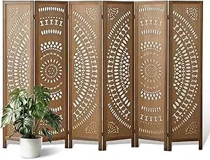 4 Panel Wood Carved Room Divider Folding Privacy Screen 5.6FT Tall