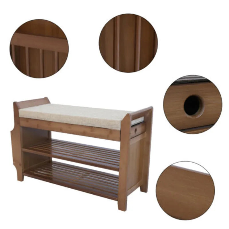 2-Tier Bamboo Shoe Bench with Removable Cushion Storage Organizer