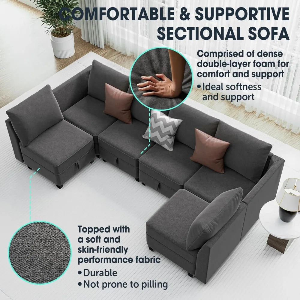 Modular Convertible Sectional Sofa 6-Seat U/L Shape Couch Storage Grey White