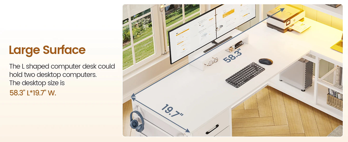 L Shaped Computer Desk with 3 Drawers and Bookshelf for Home Office