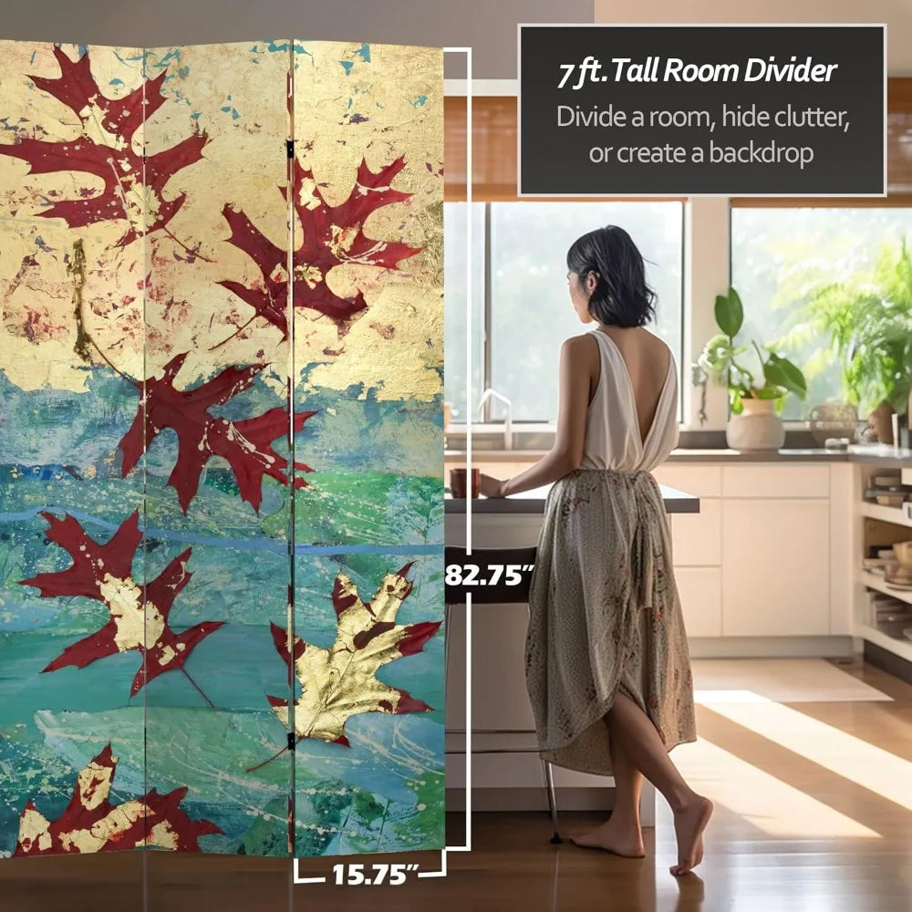 7ft Tall Double Sided Autumn Leaves Canvas Room Divider Folding Screen