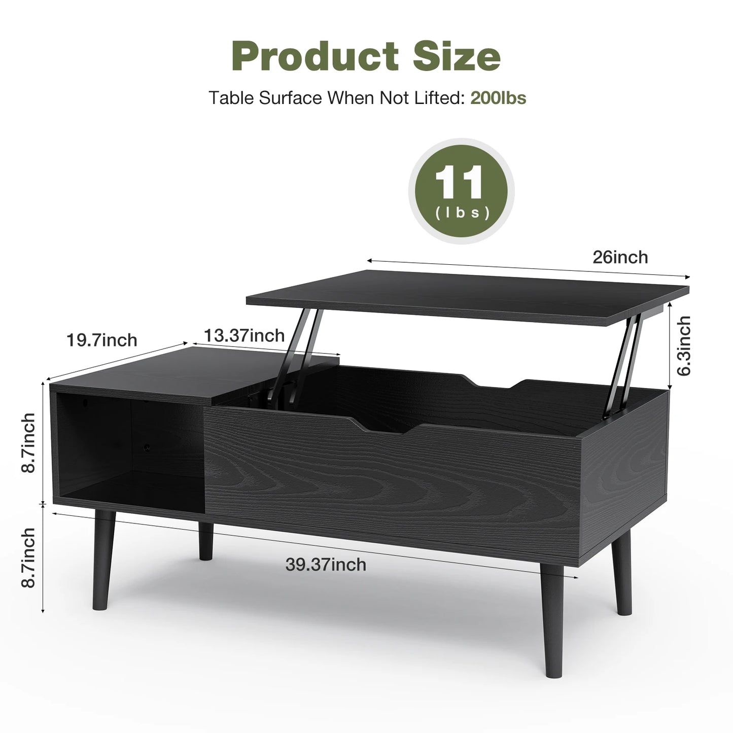 Ljustra Lift Top Coffee Table Modern Adjustable Storage Living Room 39.37"x19.7"