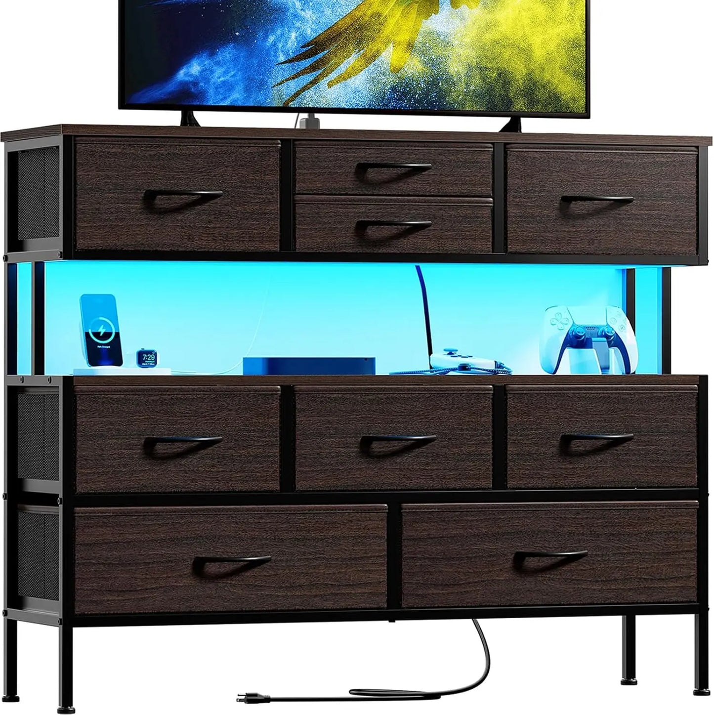 Dresser TV Stand with Charging Station LED Lights 55 Inch 9 Drawers