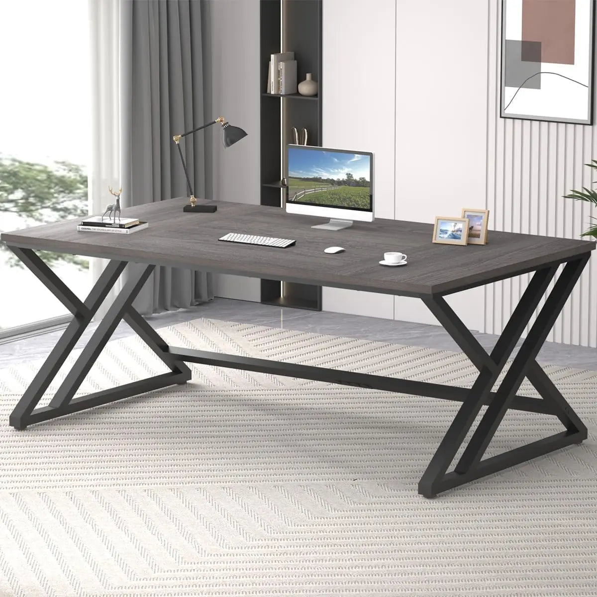 Modern Long Office Desk Large Wood Metal Computer Industrial Workstation