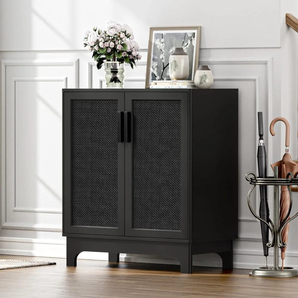 Black Rattan Storage Cabinet 2 Doors Adjustable Shelf Entryway Buffet
