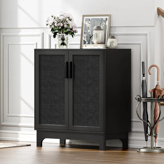 Black Rattan Storage Cabinet 2 Doors Adjustable Shelf Entryway Buffet