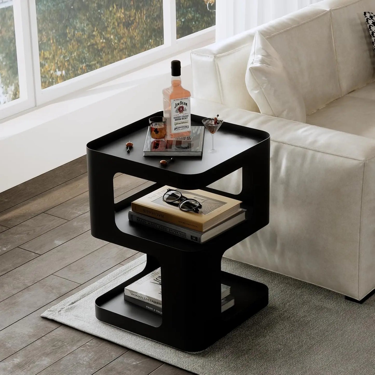 Modern Unique Nightstand Black Metal Side Table with Storage for Bedroom