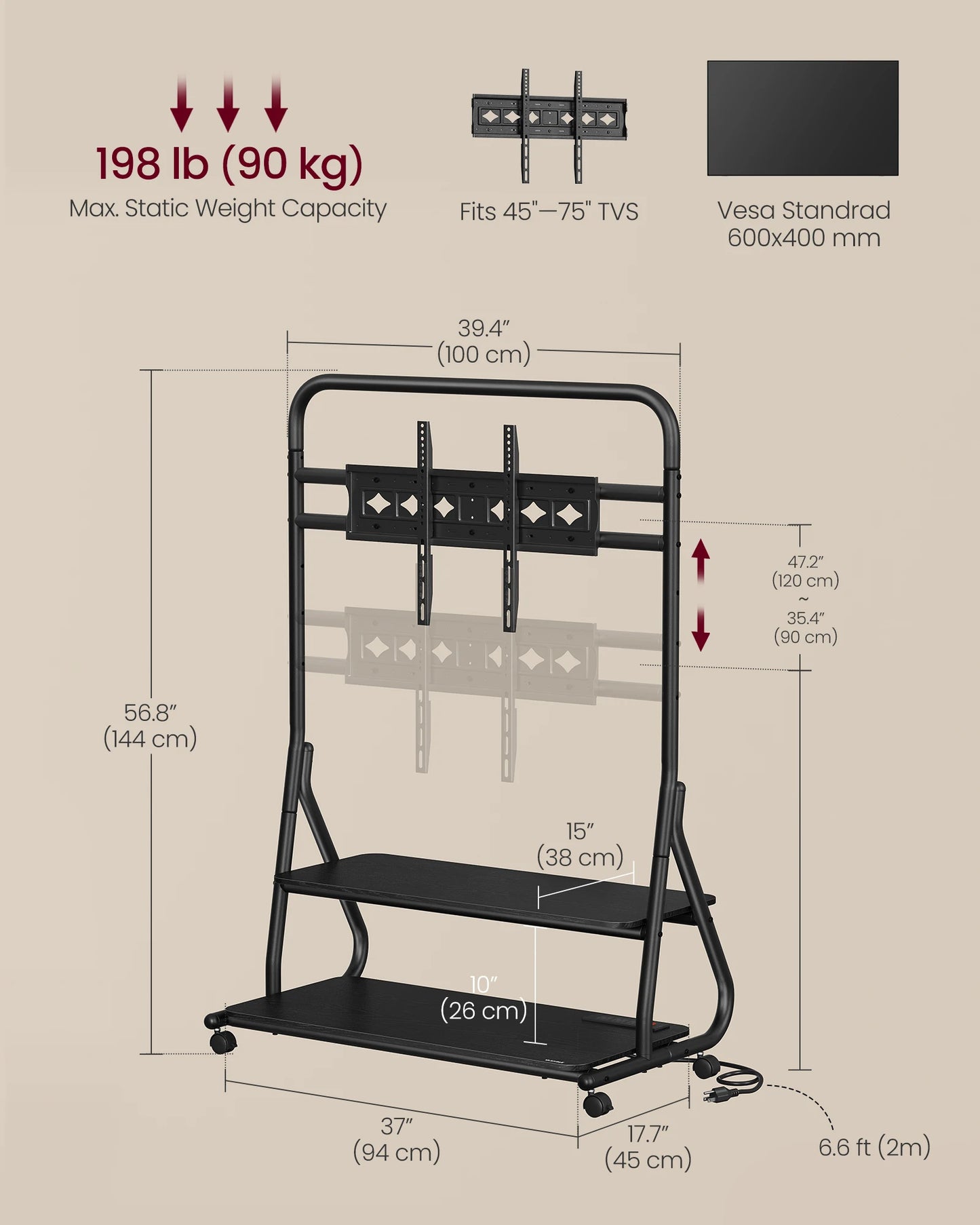 VASAGLE Mobile TV Stand with Wheels for LCD LED OLED TVs up to 75 Inch