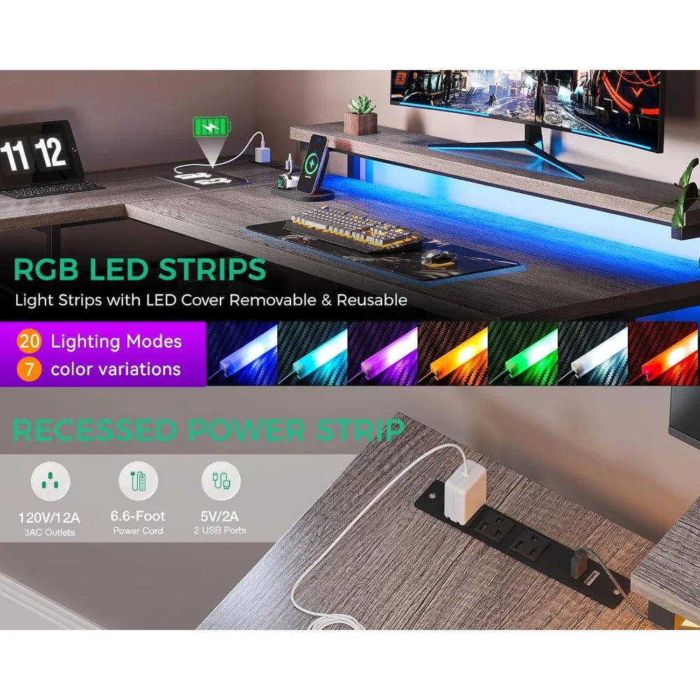 61 Inch L Shaped Desk with Drawer Power Outlets LED Lights Home Office