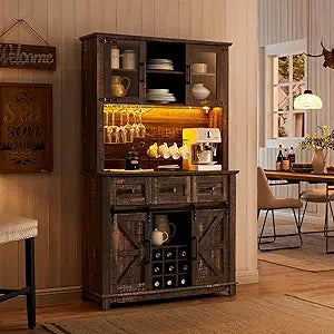 Coffee Bar Cabinet Sliding Barn Door 72" Farmhouse Sideboard Storage