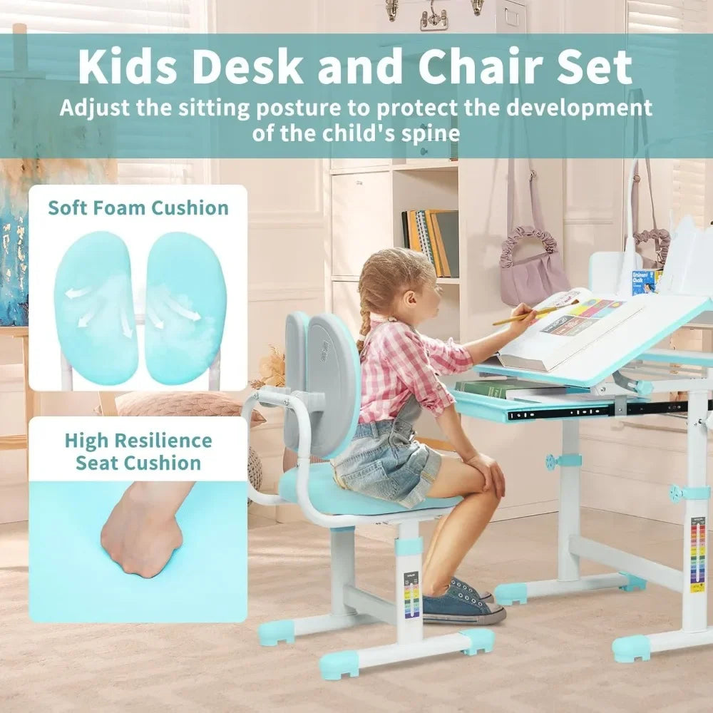 Kids Desk Chair Set Height Adjustable LED Lamp Tilting Tabletop