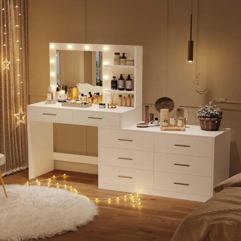 Ljustra 65 Inch Vanity Desk Lighted Mirror 8 Drawers Makeup Table