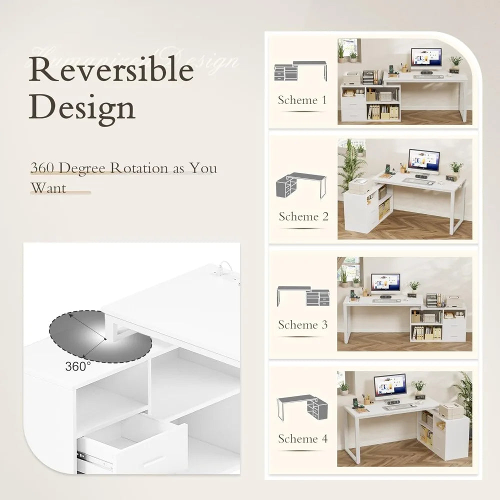 L Shaped Desk with Storage Drawers and Power Outlets 55 Inch