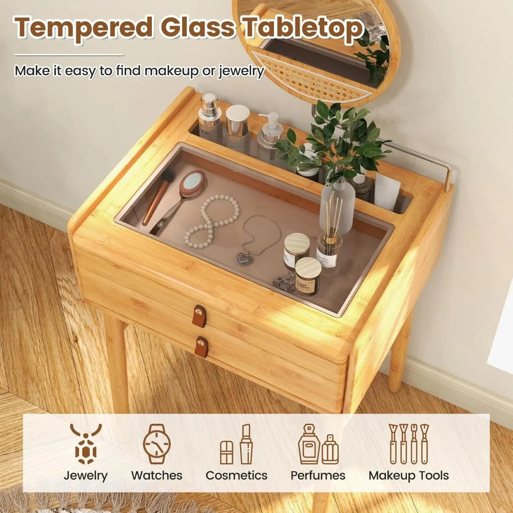 Bamboo Makeup Vanity Table with Stool Rotating Mirror 2 Drawers