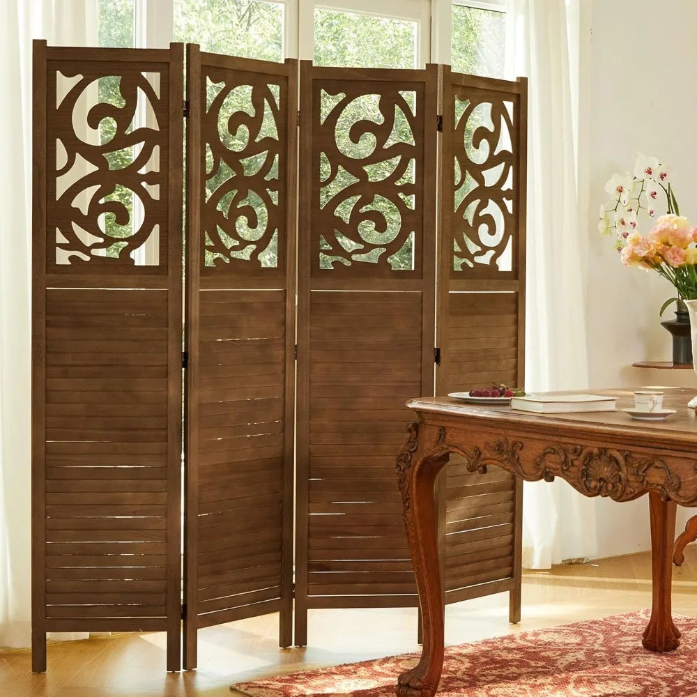 Folding Room Divider 4 Panels Wood Carved Privacy Screen Freestanding