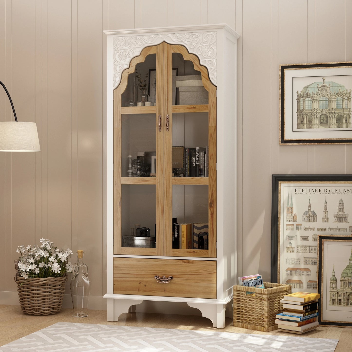 Ljustra Glass Display Cabinet 3 Shelves Drawer Modern Bookcase Storage