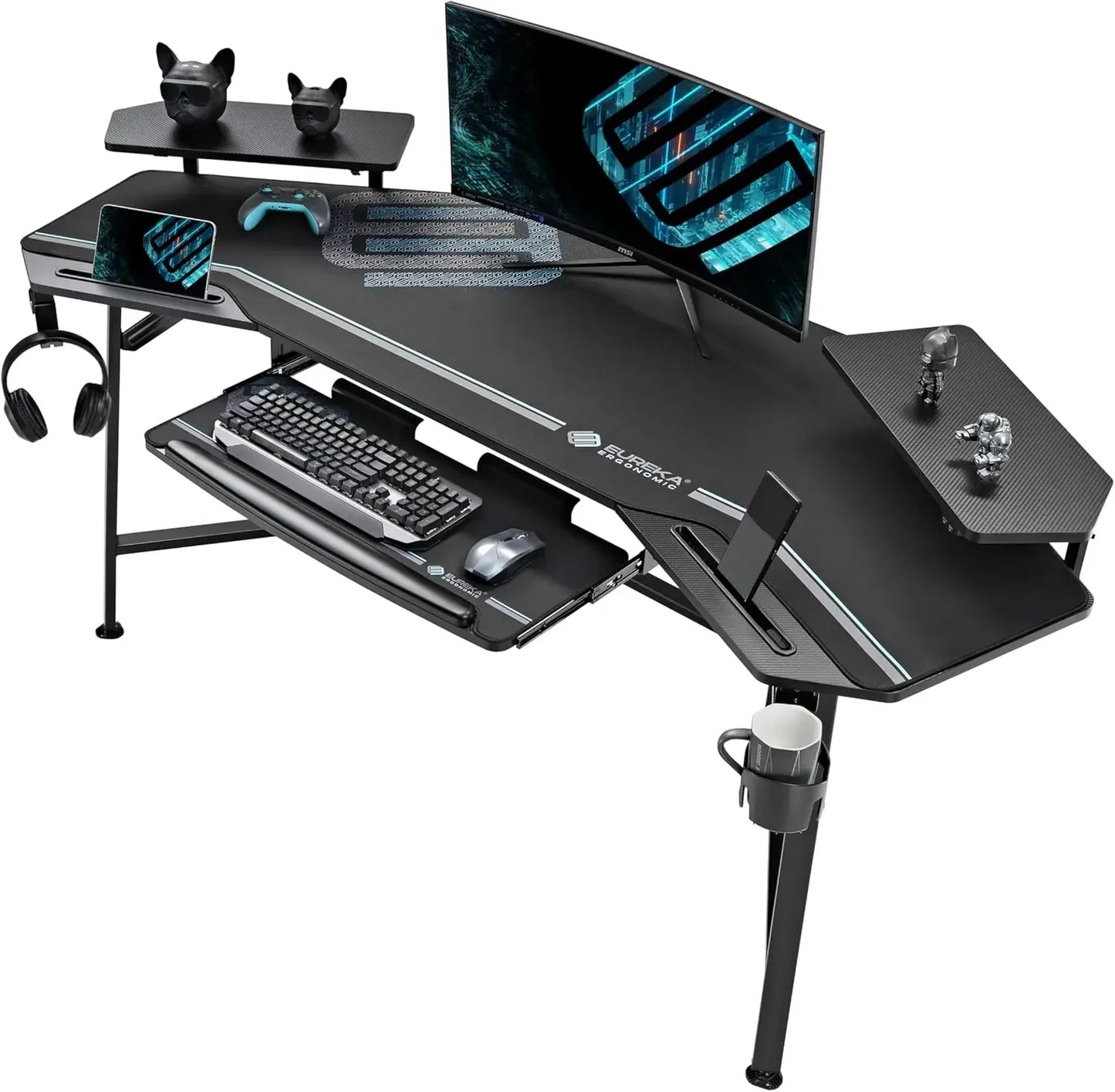 Gaming Desk with LED Lights 72 Inch Wing Shaped Computer Desk with Tray