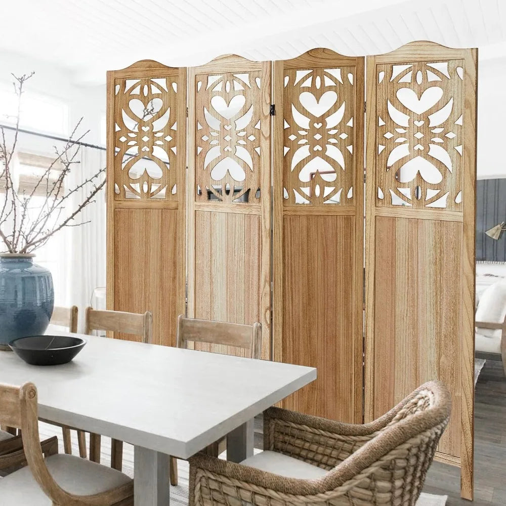 4 Panel Wood Carved Room Divider Folding Privacy Screen 5.6FT Tall