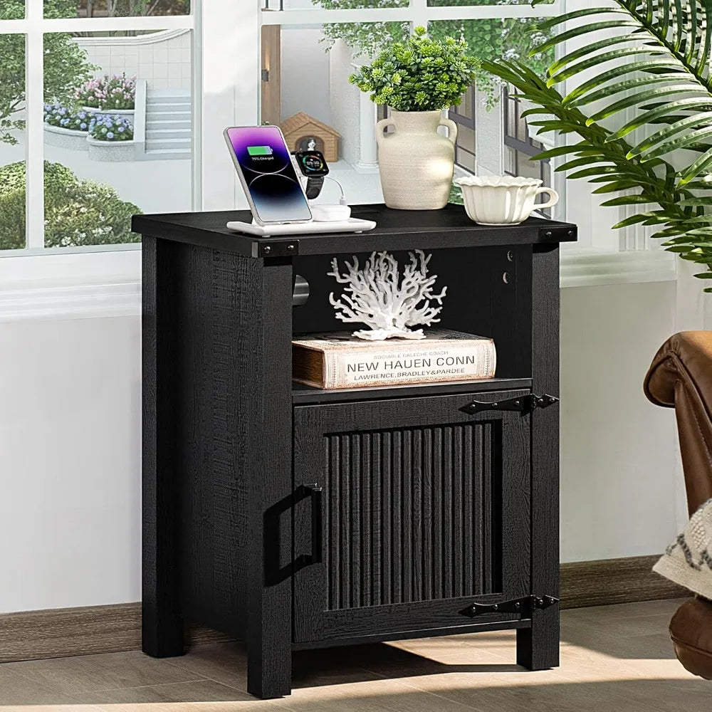 18 Inch Farmhouse Nightstand with Charging Station USB Ports Rustic Table