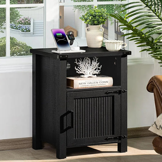 18 Inch Farmhouse Nightstand with Charging Station USB Ports Rustic Table
