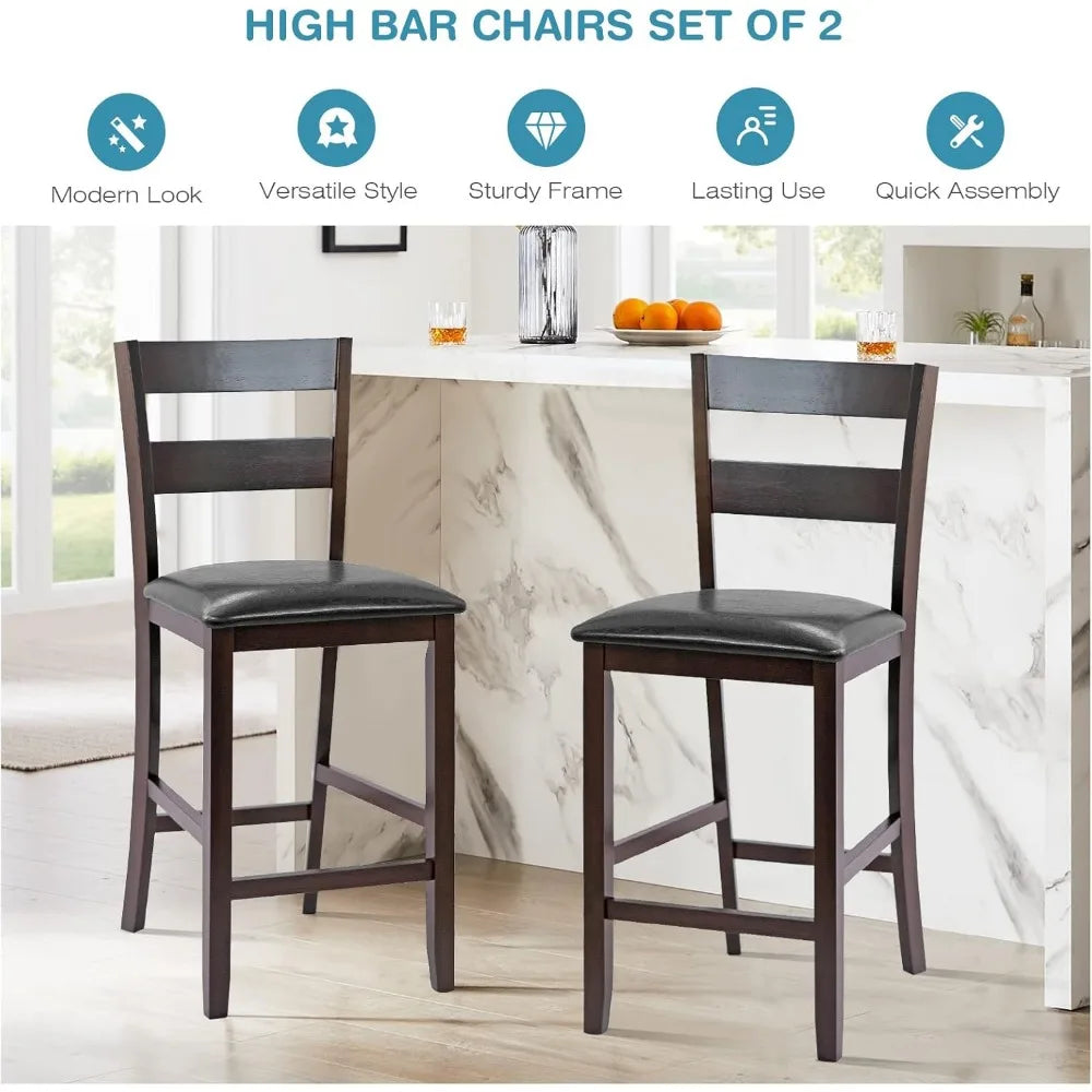 Set of 2 Counter Height Bar Stools with Padded Seat and Wood Legs