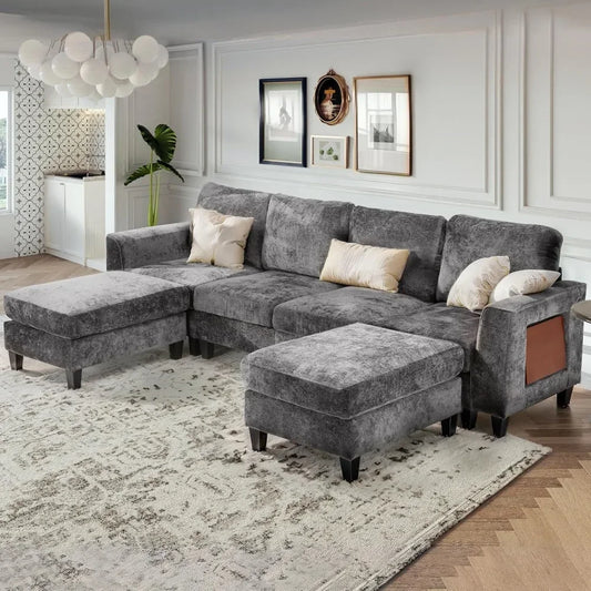 Ljustra 118 Inch U Shaped Sectional Sofa Ottoman Side Table Brown