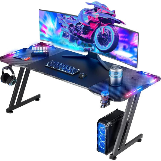 Massive 63 Inch Gaming Desk Z Shaped Ergonomic LED Carbon Fiber Surface