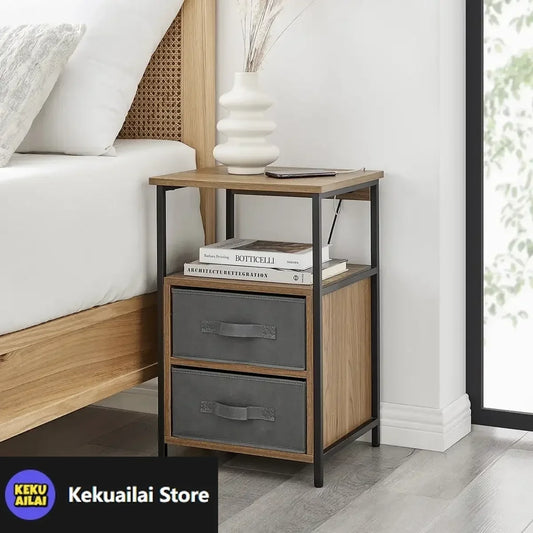 2-Drawers Nightstand with USB Port Modern Fabric Storage Black