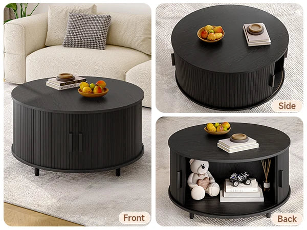 Round Coffee Table with Storage Modern 31.5 Inch Fluted Wood Accent