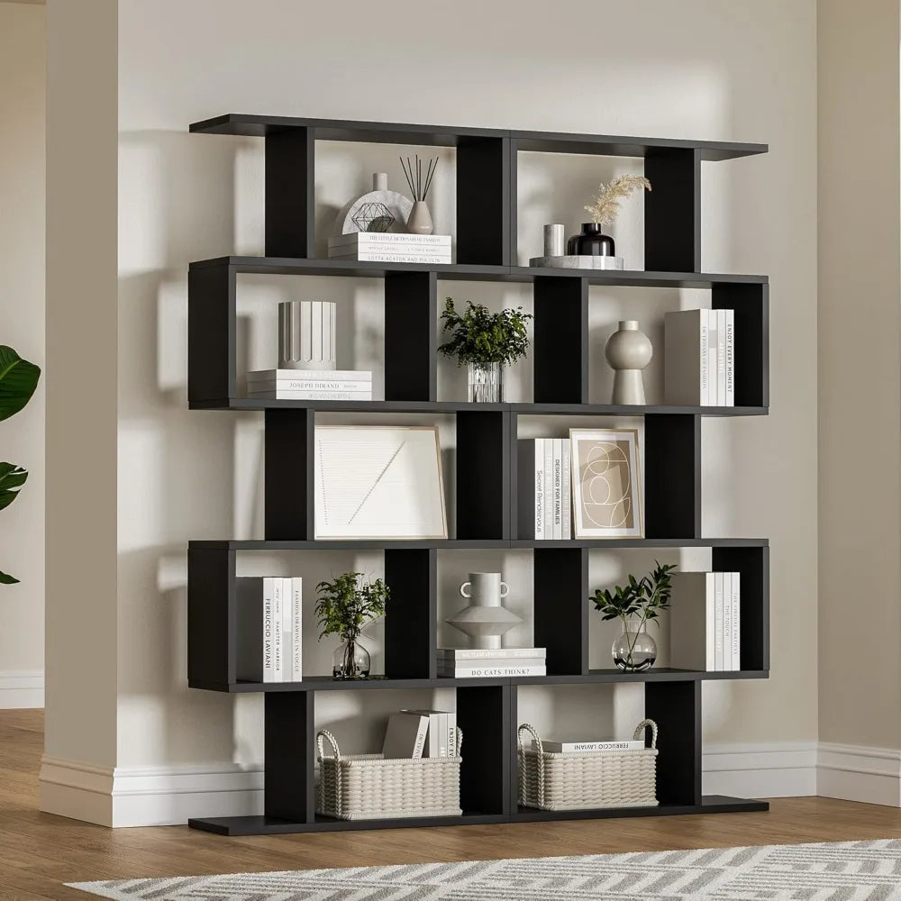 Black 5-Tier Geometric Bookcase S-Shaped Modern Bookshelf Set of 2