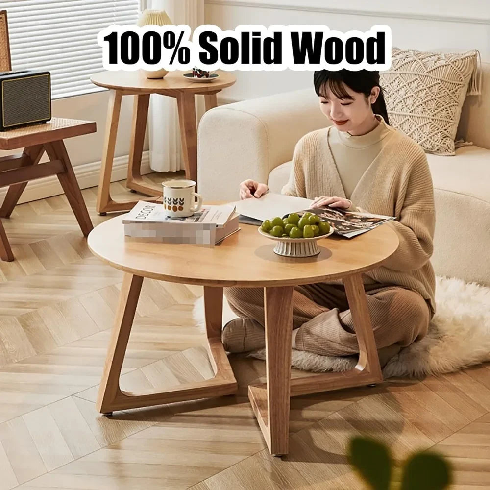 Solid Wood Round Coffee Table Rustic Farmhouse Living Room Tea Table