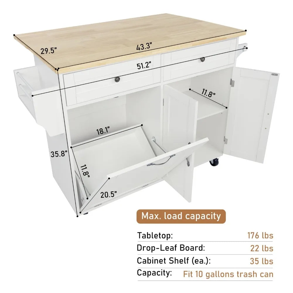 Large Kitchen Island with Drop Leaf Rolling Trash Cabinet on Wheels
