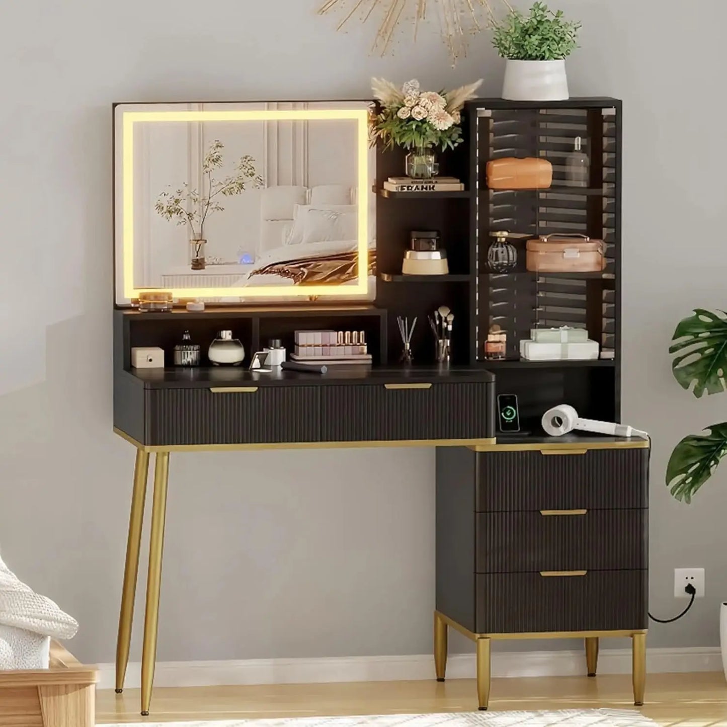 Fluted Vanity Desk with Mirror and Lights Makeup Storage Organizer