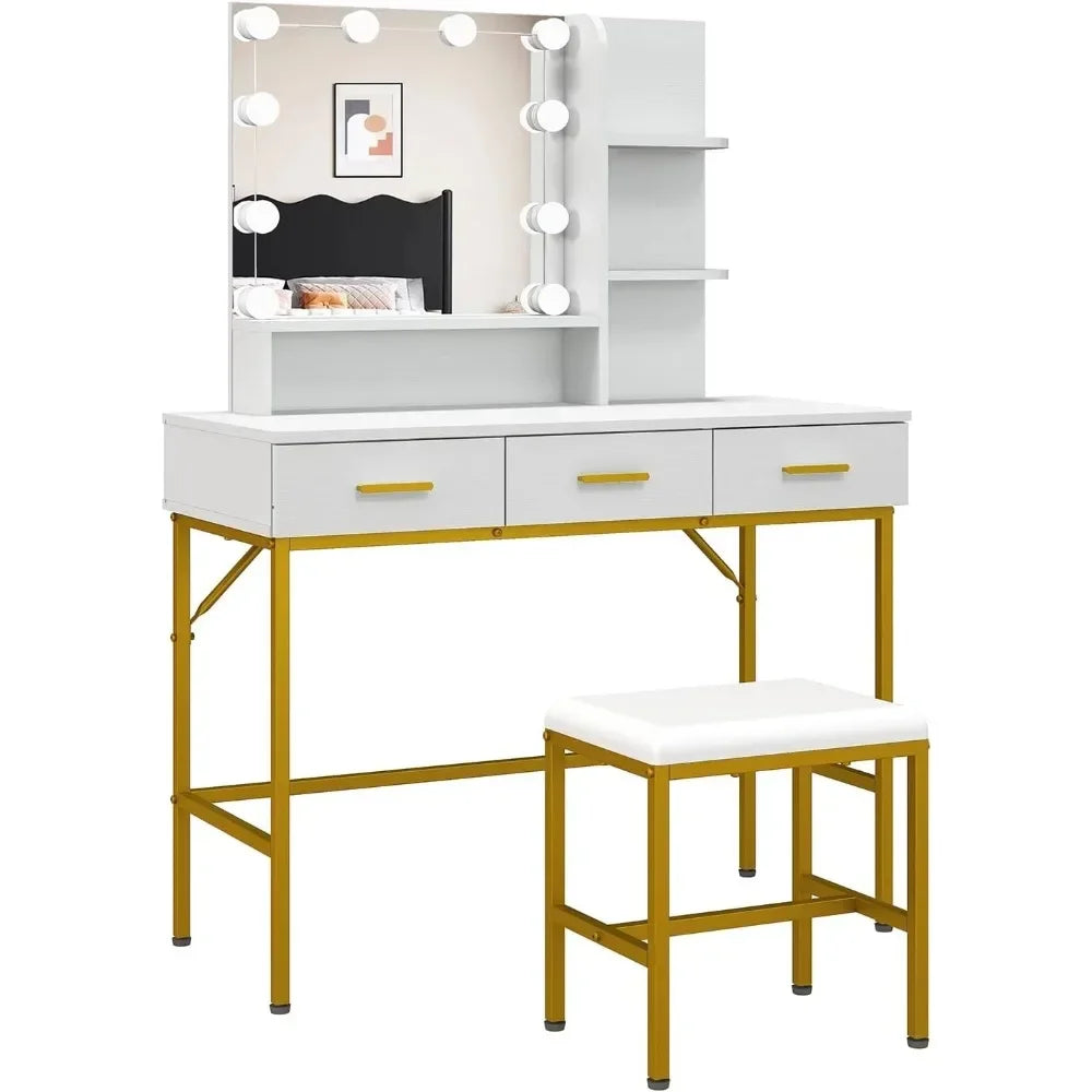 Vanity Table with Lighted Mirror and Cushioned Stool for Makeup