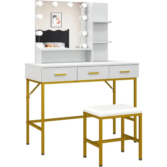 Vanity Table with Lighted Mirror and Cushioned Stool for Makeup
