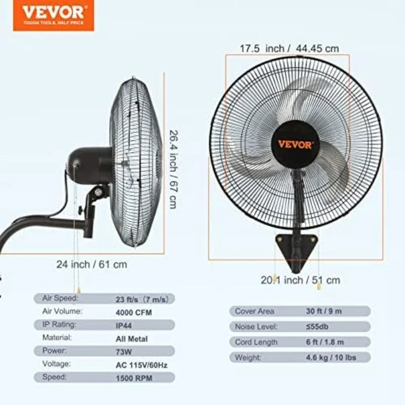 VEVOR 18 Inch Wall Mount Fan Oscillating Industrial High Velocity 4000 CFM