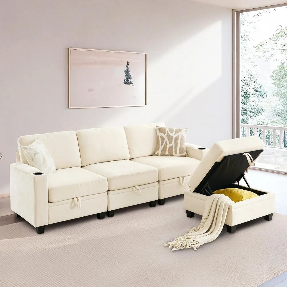 91 Inch Modular L Shaped Sectional Sofa with Storage Cup Holders