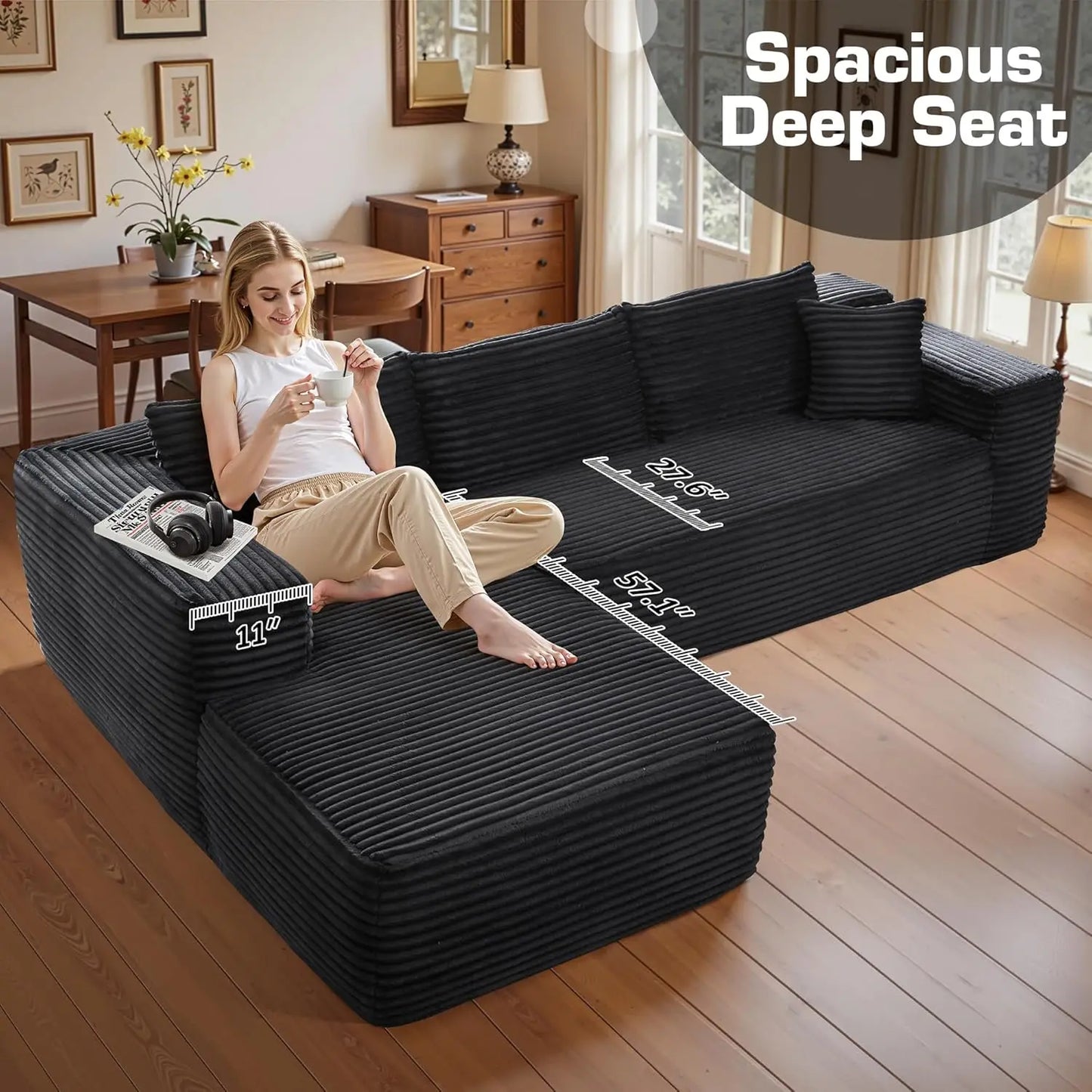 Ljustra 106" Modern L-Shaped Sectional Couch, Fluffy Corduroy Sofa, No Assembly Required