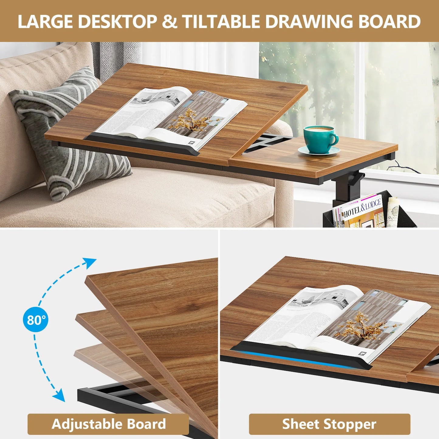 Tribesigns Height Adjustable C Shaped End Table with Wheels and Pocket