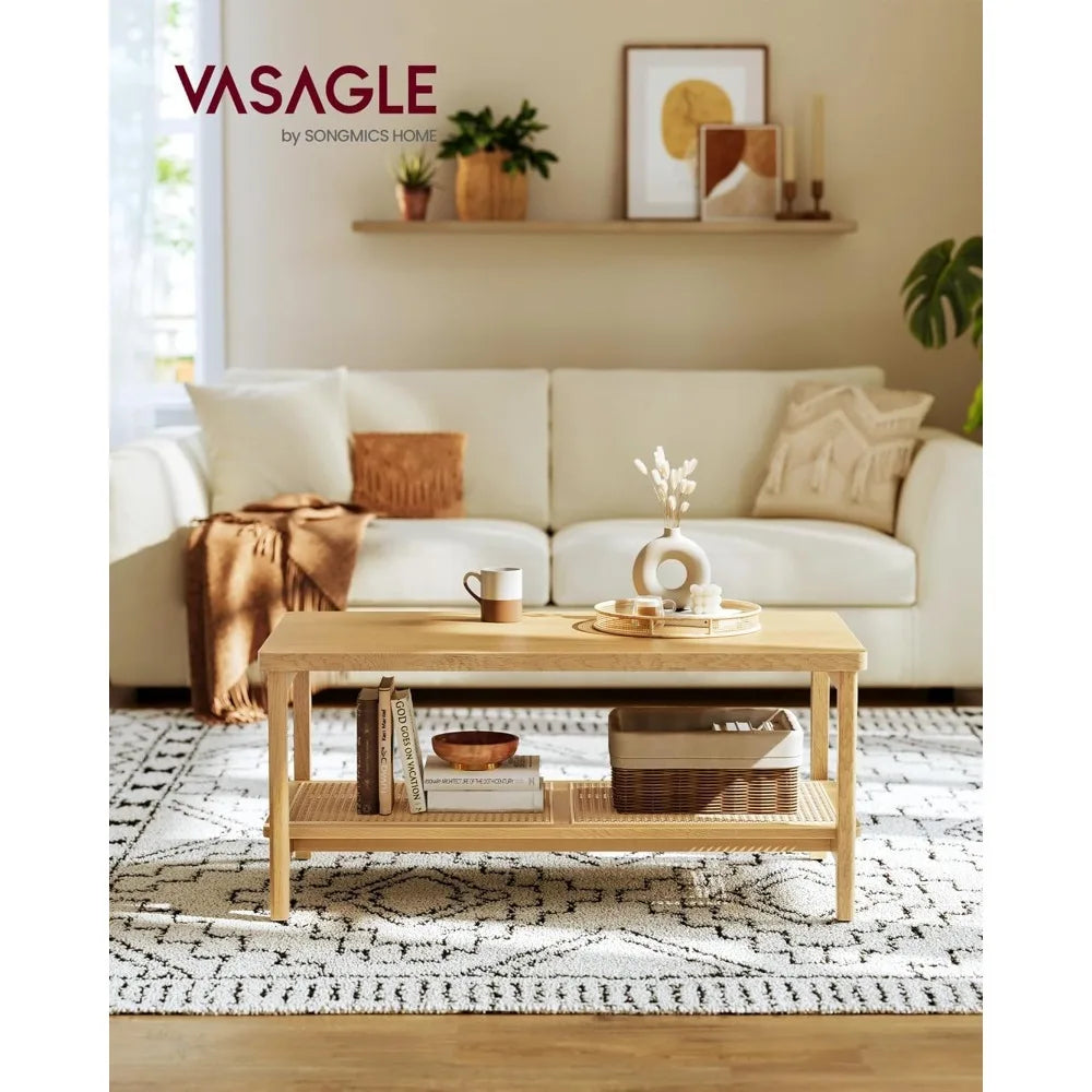 2-Tier Coffee Table for Living Room, Rectangular Living Room Table, with PVC Rattan Storage Shelf, Rounded Corners, Easy