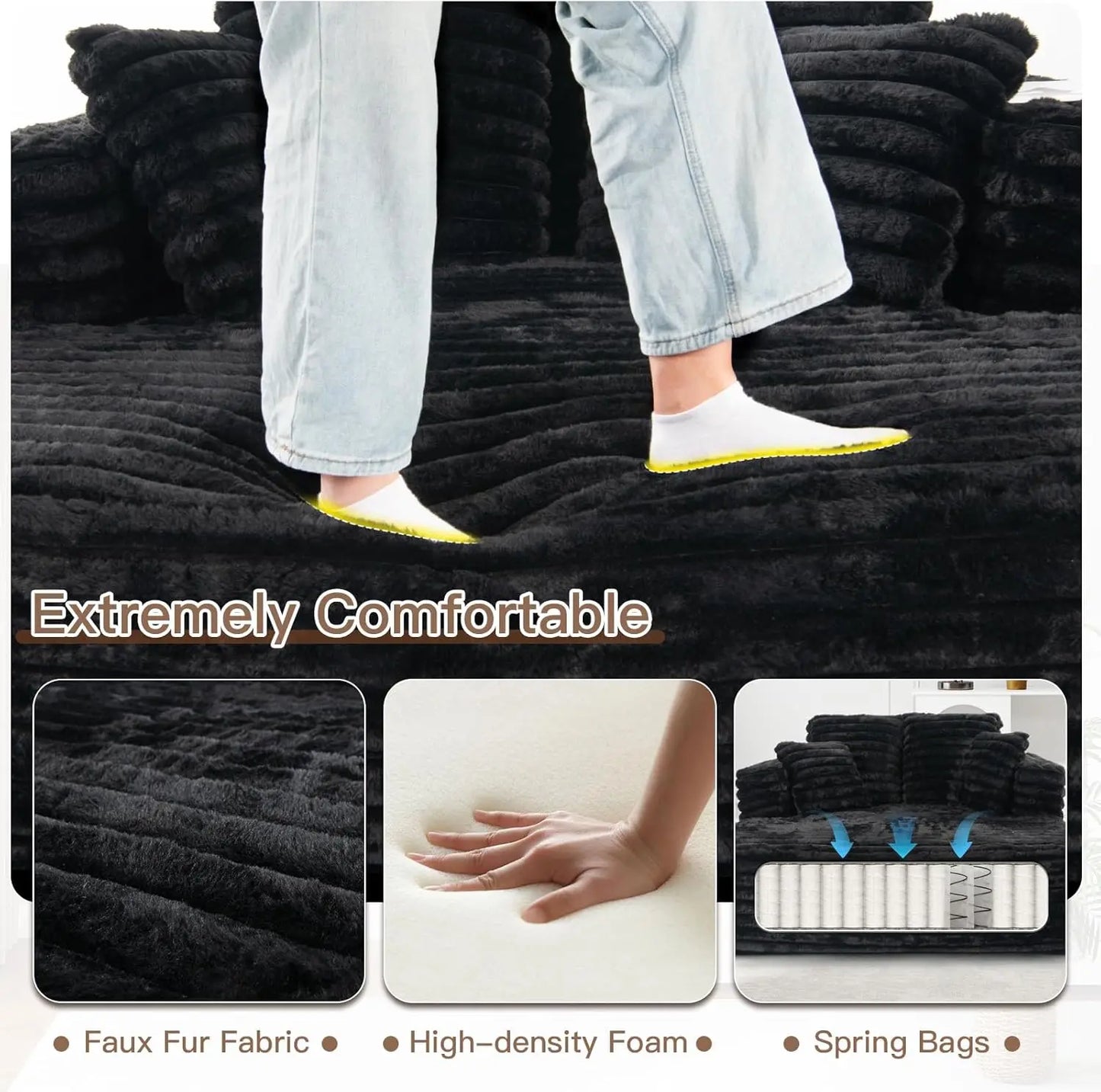 Ljustra Faux Fur Sleeper Chaise Sofa Oversized 60" Deep Cloud Couch Bed Black