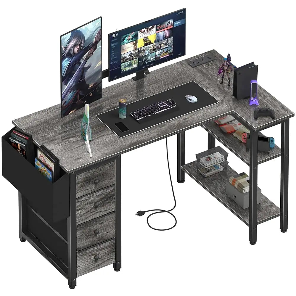 L Shaped Computer Desk with Drawers and Power Outlet for Home Office