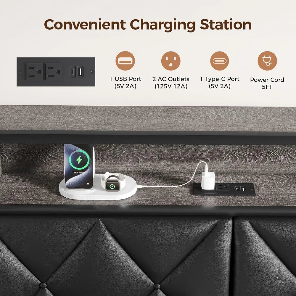 Headboard for Queen Bed with Storage LED Lights Charging Station